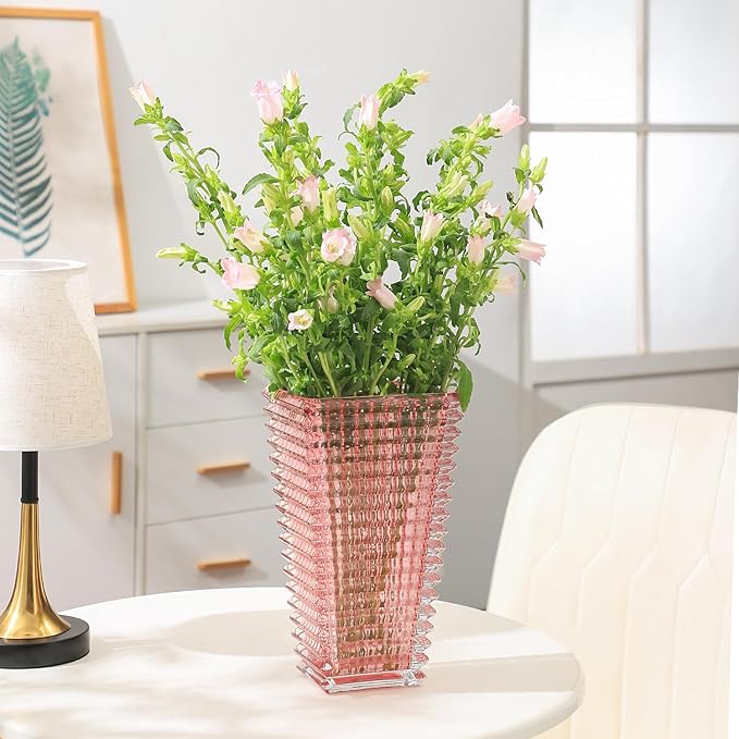 MCMCNCUIU Crystal Glass Vase, Large Crystal Vases for Flowers, Large Flower Vase, Pink Modern Vases for Living Room, Bedroom, Kitchen, Dining Table, Mantle, Wedding, 11 Inches