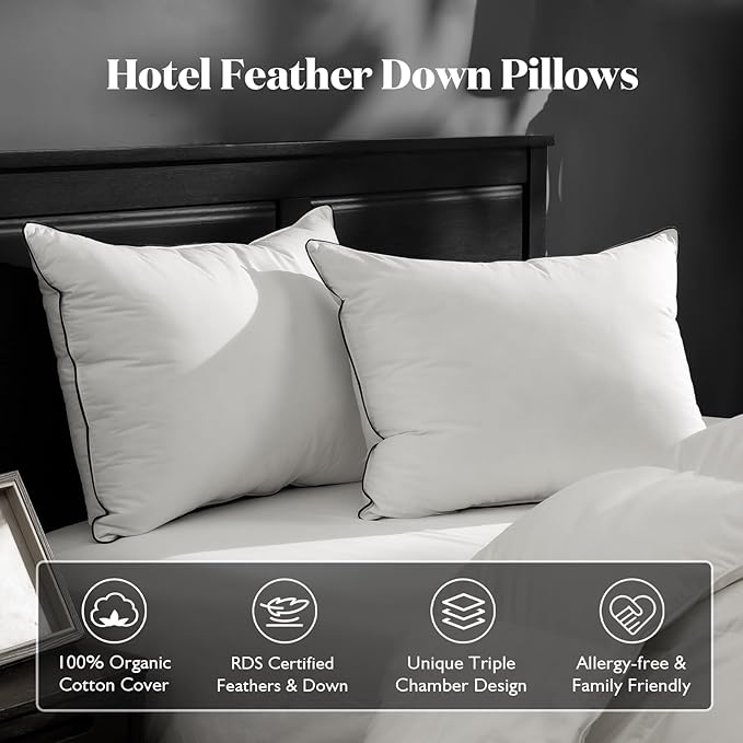 BPC Luxury Feather Down Pillow King Size Set of 2 - Medium-Firm Feather Pillow, 3-Chamber Bed Pillow Inserts with Organic Cotton Cover, Surrounded by Polyester, 20x36 Inches