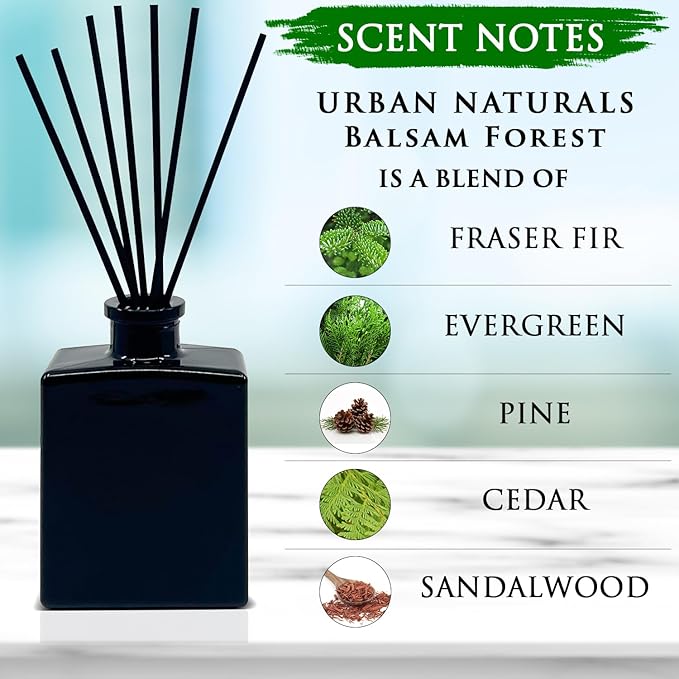 Urban Naturals Balsam Forest Reed Diffuser Oil Set – Fraser Fir, Evergreen, Pine, Woodsy Cedar and Sandalwood – 5 Ounce Sleek Black Rectangular Refillable Glass Bottle – Made in The USA