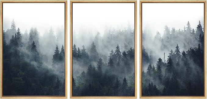 SIGNWIN Framed Canvas Print Wall Art Woodland Nursery Decor Set Misty Mountain Range Pine Tree Forest Nature Realism Decorative Rustic Chic for Living Room, Bedroom, Office - 16"x24"x3 Natural