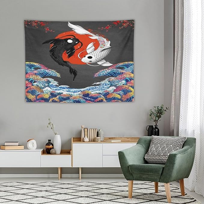 Houselerax Japanese Koi Fish Tapestries, Yin Yang Big Wave Cherry Blossom Tapestry Wall Hanging for Bedroom Living Room Office Decor 40"x30"