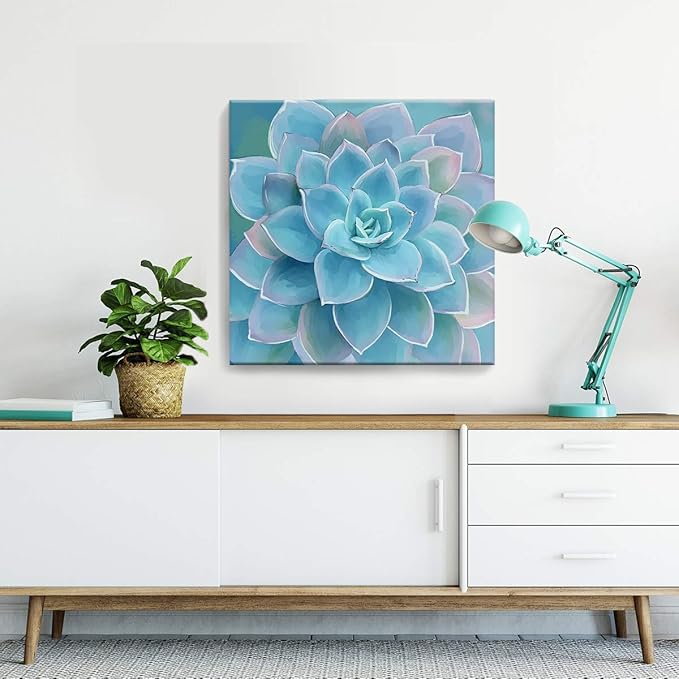 Wall Decor for Bedroom Canvas Artwork Blue-Green Succulents Prints Pictures Wall Art for Living Room Hanging Plants for Bedroom Decor Modern Popular Wall Decorations Blue-Green Flower Size 20x20