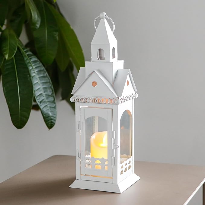 TRIROCKS Rustic Style Metal Candle Lantern 12'' High Decorative Outdoor Lantern Candle Holder with Tempered Glass House Shape for Home Living Room Garden Patio Parties Indoors Outdoors (White)