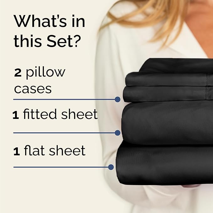 Twin Sheets Set 4 Piece - Includes 2 Pillowcases - Bed Sheets Twin Size - Soft Hotel Luxury Bedding - Cooling, Comfy, Cozy and Breathable - 1 Flat & 1 Fitted & 2 Pillowcases w/ Deep Pockets - Black