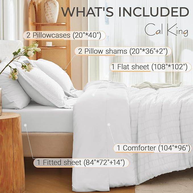 MUXHOMO 7 Pieces California King Comforter Set, Seersucker Bed in a Bag Cal King Size, All Season Luxury Bedding Set with Comforter, Flat Sheet, Fitted Sheet, Pillowcases & Shams, White