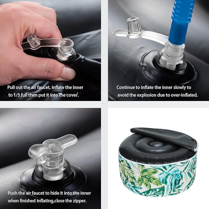 FUNHOME Inflatable Outdoor Ottoman with Air Pump,20"x9" Portable Patio Pouf,Water Resistant,Fade-Resistant,Round Blow Up Footrest Stools for Home Garden Camping Travel(Palm Leaf)