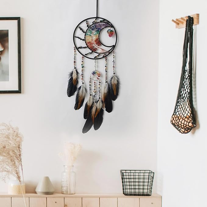 7 Chakras Dream Catchers Tree of Life Dream Catcher Black Feather Dreamcatcher Wall Decor with Healing Crystal Stone & Fluorite Wall Art Hanging for Bedroom Home Decor Bless Gift Wedding Garden
