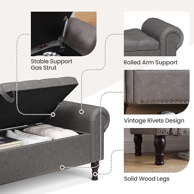 Storage Bench for Bedroom, 51" Full Queen Storage Bench, Upholstered Bedroom Bench with Rolled Arms and Vintage Rivets for Living Room, Storage Room, Entryway, Gray