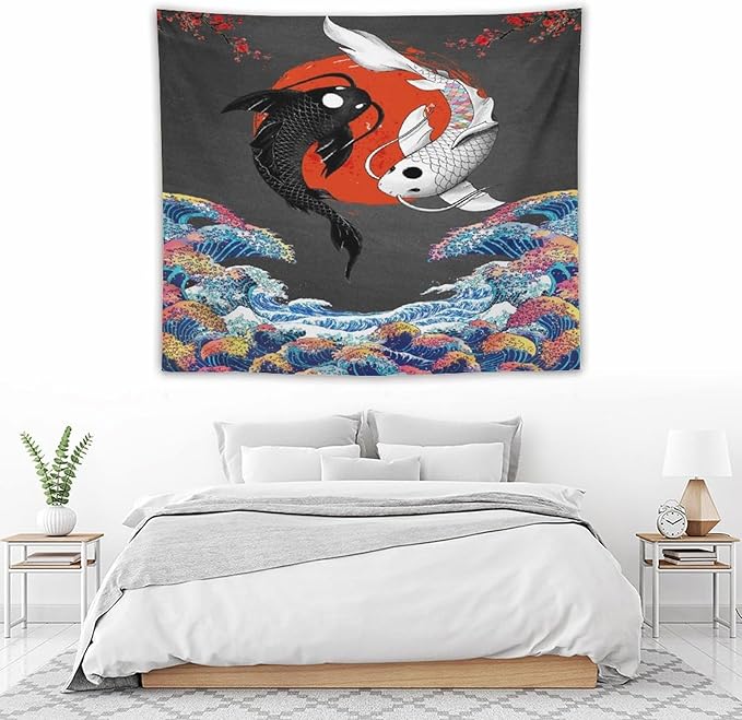 Houselerax Japanese Koi Fish Tapestries, Yin Yang Big Wave Cherry Blossom Tapestry Wall Hanging for Bedroom Living Room Office Decor 60"x50"