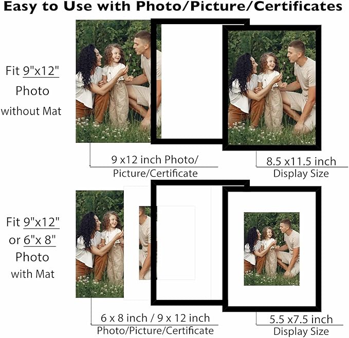 12 Packs 9x12 Picture Frames, Display 6x8 with Mat or 9x12 Without Mat, Gallery Wall Frame Set, 9 by 12 Frames Bulk Set of 12 Collage Wall Decor Photo Frames Set for Wall and Tabletop, Black