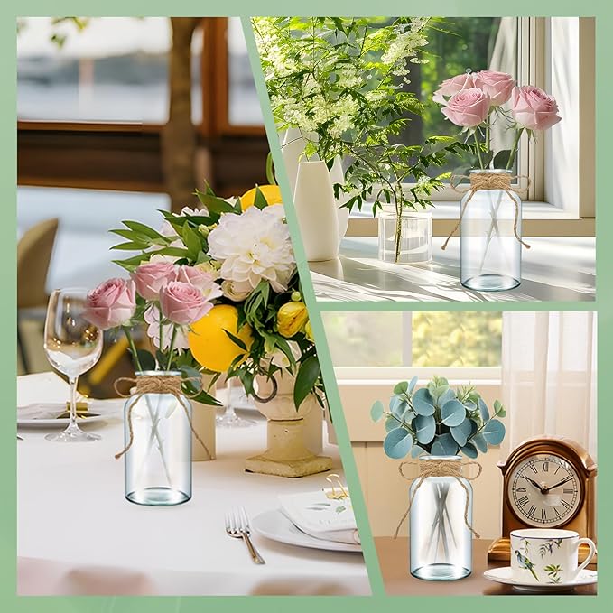 12PCS Transparent Glass Flower Vases for Centerpieces Boho Cylinder Bud Vases in Bulk Mason Jars for Weddings, Parties & Vintage Home Decor(Transparent 12)
