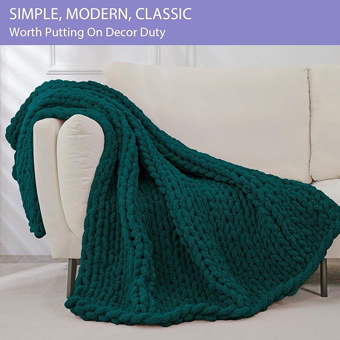 Bigacogo Chunky Knit Throw Blanket for Couch, 51x63 inches, 100% Hand Knitted with Thick Jumbo Chenille Yarn, Cozy Soft Large Rope Knot Cable Crochet Blankets for Sofa Bed Living Room, Dark Green