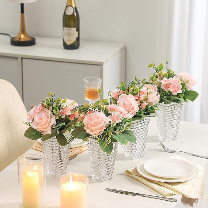 MCMCNCUIU Crystal Vases Set of 4, Clear Glass Vases, Crystal Vase for Centerpieces, Modern Flower Vase for Living Room, Bedroom, Kitchen, Dining Table, Shelf, Wedding, 6 Inches