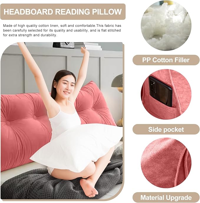 Large Triangular Headboard Pillows Long Backrest Positioning Support Bolster Cushion for Daybed Fluffy Quality Plush Body Wedge Pillow with Removable Cover(Rusty Red -King-76x8x20in)