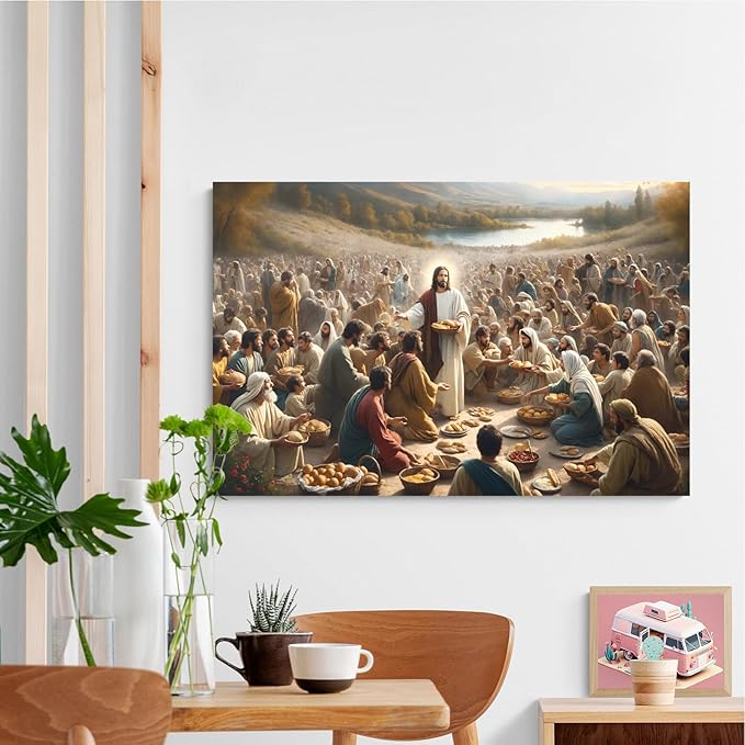 XWNLTEPK Jesus Feeding 5,000 People with Five Loaves and Two Fishes Miracle Mercy Canvas Art Wall Decor Poster Suitable for Bedroom Living Room Relaxation Room Confession Room