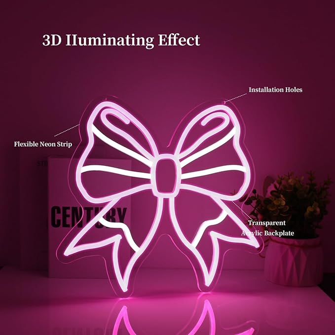 Bow Neon Sign Led Neon Lights Neon Signs for Wall Decor Light Up Sign for Birthday Party Club Gift