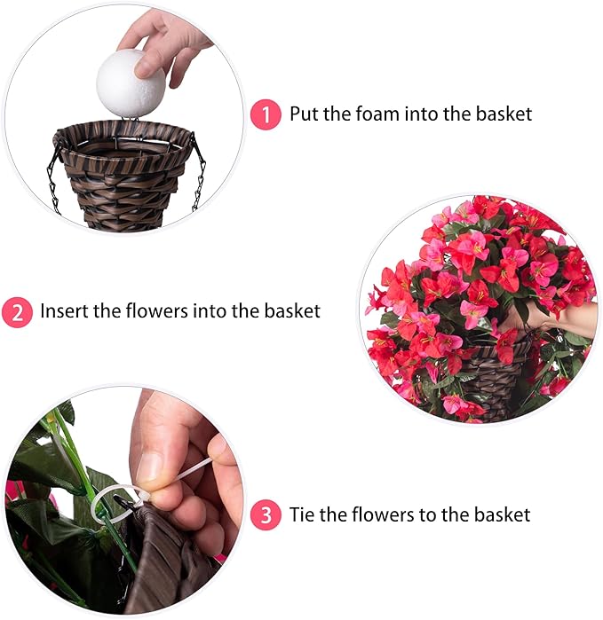 Artificial Bougainvillea Faux Flowers Plants Baskets for Outdoor Outside Decoration, 3 PCS Fake Silk Flowers Long Trailing Vines UV Resistant Realistic for Front Door Porch Patio Balcony, RedHotpink