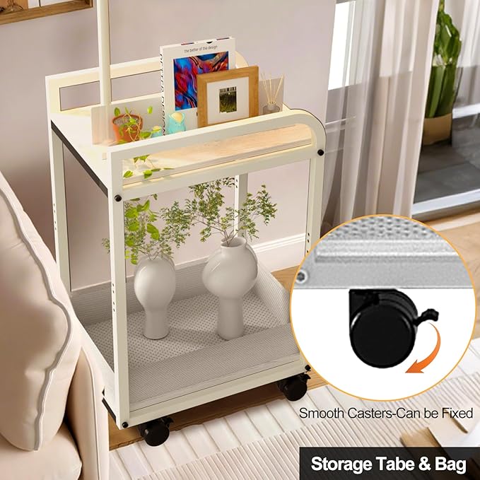 Lightdot 63IN Floor Lamps with Storage Table&Basket, Modern Standing Tall Lamps with Adjustable Fabric Lampshade and Movable&Fixed Casters, Coner End Table Lamp for Living Room/Bedroom/Office-White