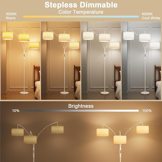 36W LED Arc Floor Lamp with 3 White Fabric Shades, 3000LM Super Bright Standing Lamp with Remote Control & Touch, Stepless Dimming, Individual Light Control for Living Room, Bedroom