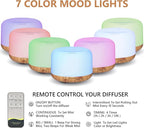 Oil Diffuser, 500ml Essential Oil Diffusers with 2 Mist Mode 4 Timers＆7 Ambient Light Waterless Auto Off, Diffusers Large Room Home Office