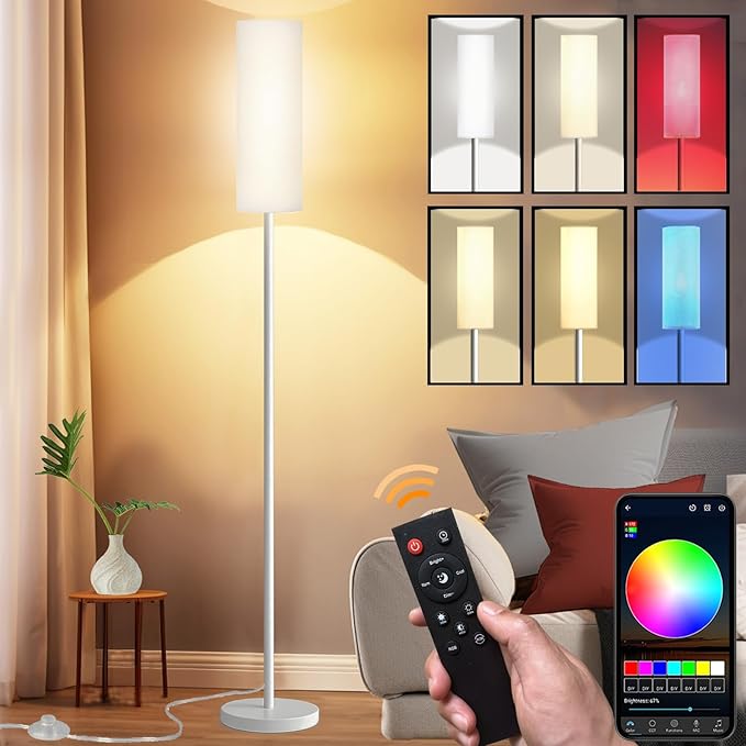 Smart LED Floor Lamp with APP Control & RGB Colors - Dimmable Standing Lamp for Living Room, Bedroom, Gaming - Remote, Timer, 9W Bulb Included, 67" Modern Tall Lamp (White)