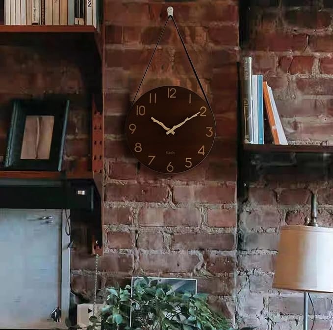 Kesin Wall Clock 12 Inch Silent Wooden Wall Clock Battery Operated Hand Made Retro Fashion Clock with Rope Hanging Decorative for Living Room Kitchen Bedroom Office