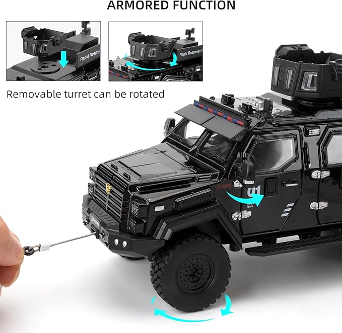 Compatible for 1:24 Saber-Toothed Tiger Alloy Armored Car Model, Collectible Diecast Armoured Explosive Protected Vehicle Toy, Pull Back Toy Car with Sound and Light for Adult Kids (Black)