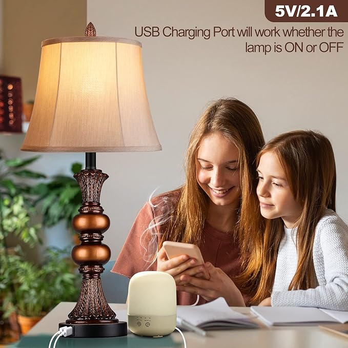Set of 2 Touch Control Traditional Table Lamp, 27" H Bedside Lamps with 2 USB Charging Ports, 3-Way Dimmable Bronze Finish Large Nightstand Lamps with Bell Faux Silk Shade for Living Room, Bedroom