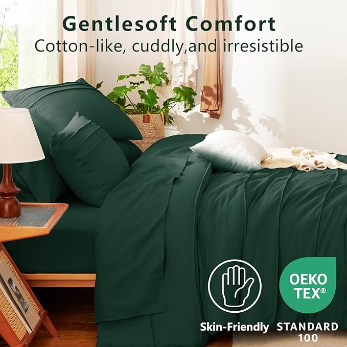 CozyLux Queen Comforter Set Emerald Green, 7 Pieces Soft Pinch Pleat Bed in a Bag Queen Comforter Set with Sheets, Boho Bed Set with Down Alternative Comforter, Sheets, Pillowcases & Shams