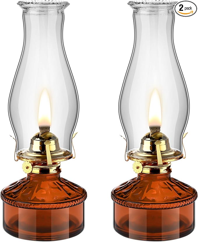 Tuanse 2 Pcs Oil Lamps for Indoor Use Vintage Hurricane Emergency Glass Oil Lamps Large Lantern Classic Decorative Oil Lamp for Home Tabletop Emergency Lighting Supplies(Brown)
