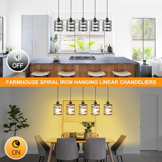 Black Pendant Lights for Kitchen Island Farmhouse Chandeliers for Dining Room, 5-Light Pendant Light Hanging Linear Chandeliers Kitchen Island Lighting with Clear Glass Shades