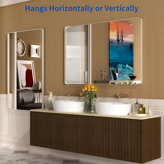 WEER 55X36 Inch Brushed Nickel Bathroom Mirror, Brushed Silver Metal Frame Mirror, Rounded Rectangle Silver Bathroom Vanity Mirror, Tempered Glass, Anti-Rust, Hangs Horizontally or Vertically