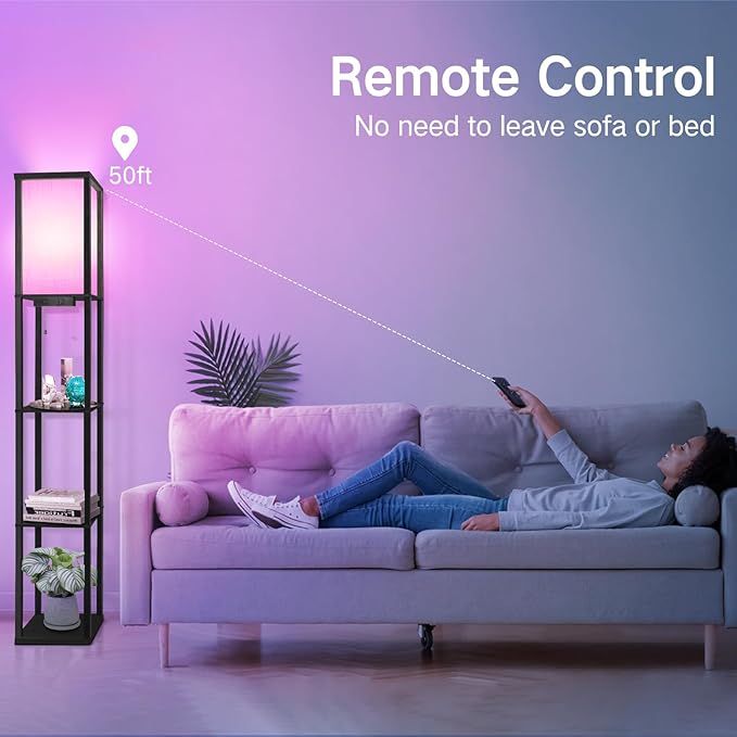 OUTON Floor Lamp with Shelves, LED Dimmable Floor Lamp with Remote & App Control, Charging Station, Color Changing, Wood Column Tall Standing Lamp for Living Room, Bedroom Office, RGB