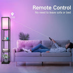 OUTON Floor Lamp with Shelves, LED Dimmable Floor Lamp with Remote & App Control, Charging Station, Color Changing, Wood Column Tall Standing Lamp for Living Room, Bedroom Office, RGB