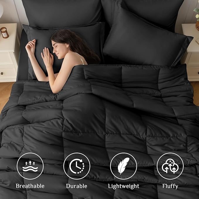 JOLLYVOGUE King Comforter Set, Ultra-Soft Bed in a Bag King Size 7 Pieces, Oeko-TEX Certified Bedding Set with Down Alternative Comforter, Sheets, Pillowcases & Shams, Black