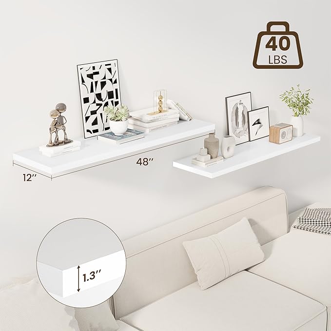 Dreamland 48" Floating Shelves for Wall, 12" Deep Slim White Floating Shelves, Wall-Mounted Shelves for Bedroom, Living Room, Kitchen, Bathroom - Set of 2