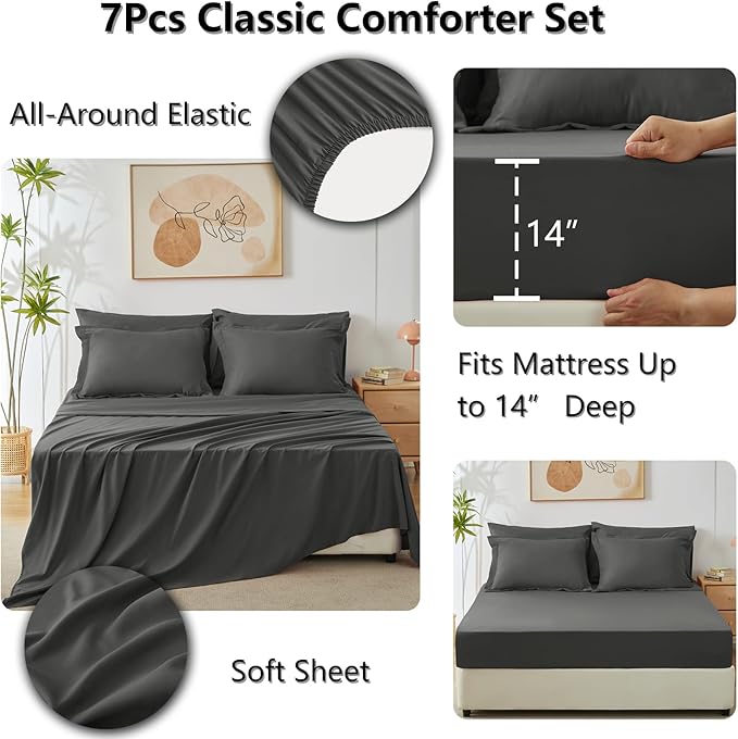 CozyLux Oversized King Comforter Set Dark Grey, 7 Pieces Bed in a Bag Comforter Set with Sheets Luxury Bed Set for All Seasons, Bedding Set with Down Alternative Comforter, Sheets, Pillowcases & Shams