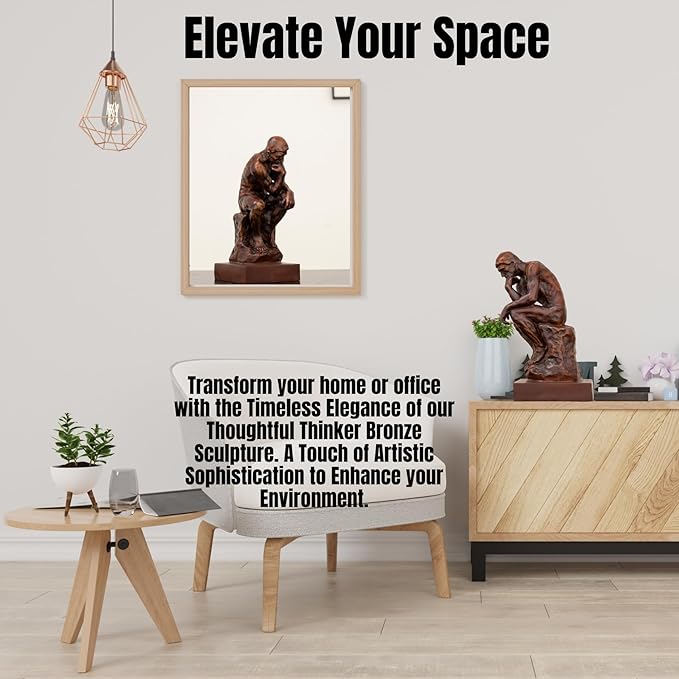【9.5" Pure Bronze Statue】 The Thinker Bronze Statue Rodin Sculpture Ornament for Home Office Decor Famous Art Craft Collection