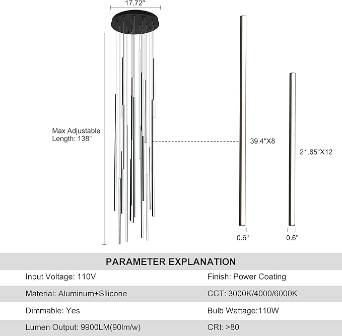 138" Modern LED Chandelier, Clustered Led Pendant Light, 20-Lights Dimmable High Ceiling Large Hanging Lighting Fixture for Loft Villa Living Room Stairs Foyer (Black-110W-20 Lights)