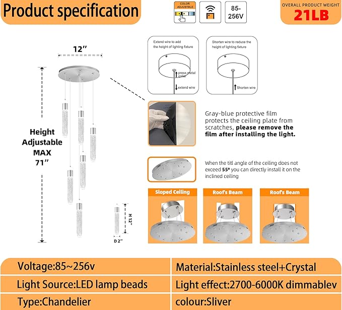 6-Light Silver Modern Crystal Raindrop Chandelier for Dining Room Entrance Long Crystal Bubble Column Chandelier for High Ceiling Lighting Fixtures LED Lampara, 3000k-6000K