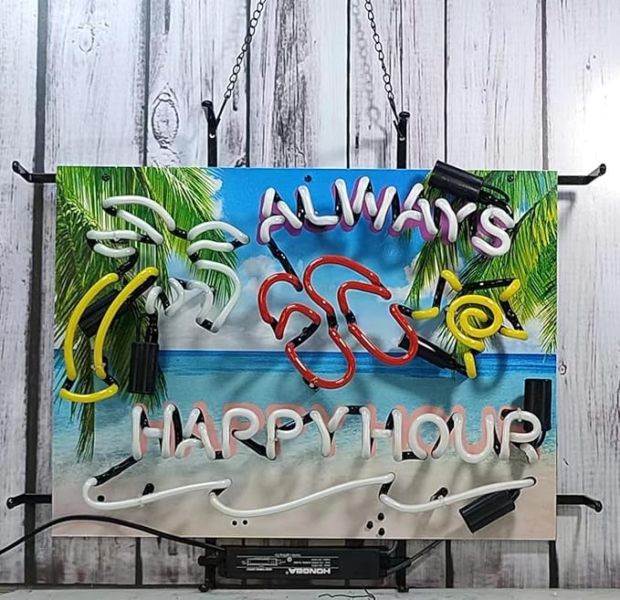 Neon Signs Beer Bar Bedroom Always Happy Hour Palm Tree Glass Neon Signs for Office Pub Cafe Party Man Cave Neon Light Art Wall Lights 24 X 20 Inches High Definition Jet Graphic Printing Board