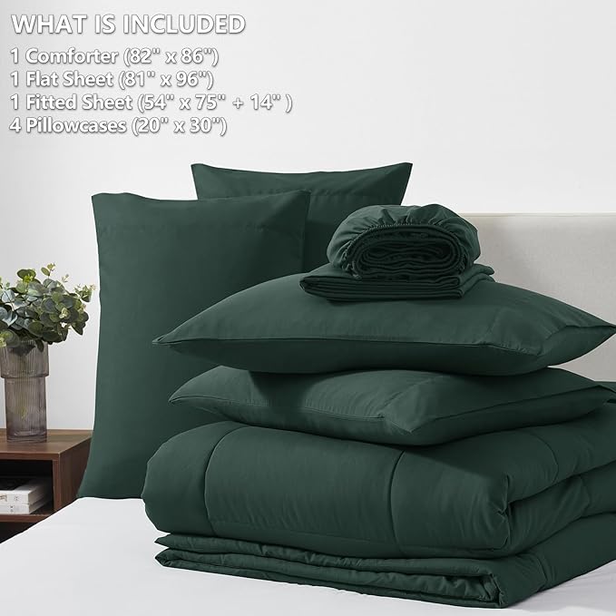 CozyLux Full Size Comforter Sets Forest Green, 7 Pieces Bed in a Bag, Green Comforter Full Size, All Season Bedding Sets with Stitch Quilted Comforter, Flat Sheet, Fitted Sheet, Pillowcases