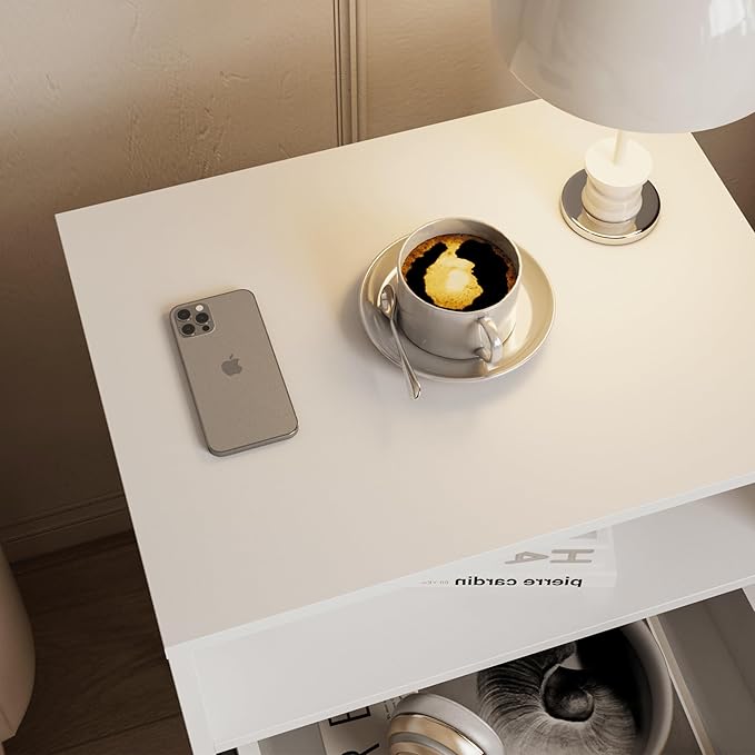 Rattan Nightstand,Farmhouse Bedside Table with 2 Storage Drawer and Open Wood Shelf, for Bedroom and Small Spaces,Night Stand with Solid Wood Legs (White)