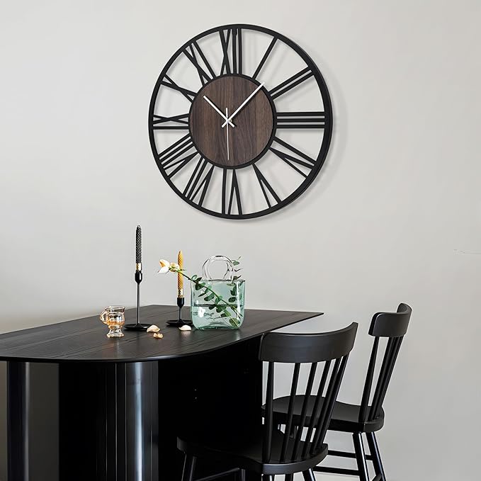 LEIKE Large Wall Clocks,Silent,Non Ticking,Battery Operated Big Retro Round Modern Wood Wall Clock for Living Room, Bedroom,Dinning Room,Farmhouse,Office,Home Decor-20 Inch(Black-Roman Numerals)