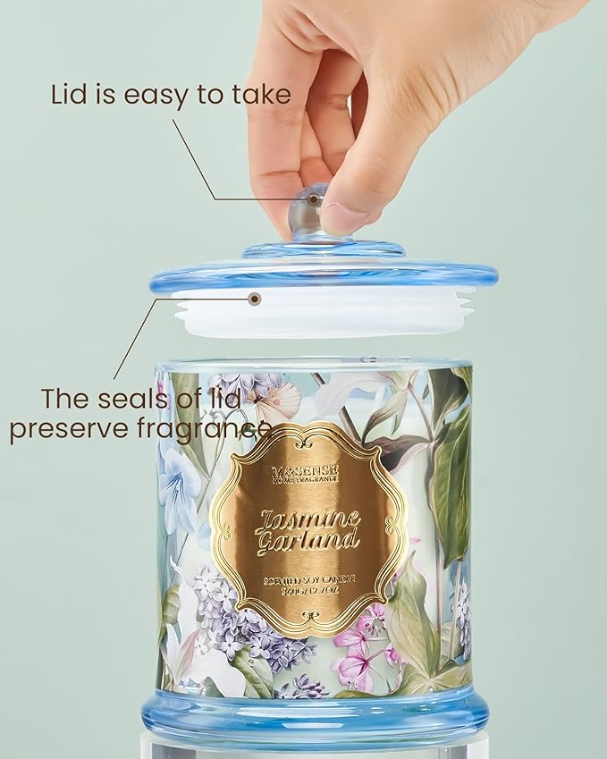 M&SENSE Jasmine Scented Candles, Organic Soy Candle 12.7oz 75 Hour Long Lasting Slow Burning, Highly Scented Good Smelling Aromatherapy Candle, Aaesthetic Candle Gift for Women