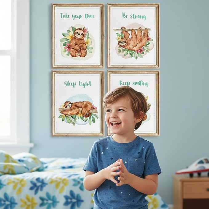 Sloth Art Prints (Set of 4) - Unframed - 8x10s | Perfect for Adding a Touch of Whimsy to Your Living Room, Bedroom, or Nursery | Ideal Wall Decor for Animal Lovers and Fans of Cute, Laid-back Decor