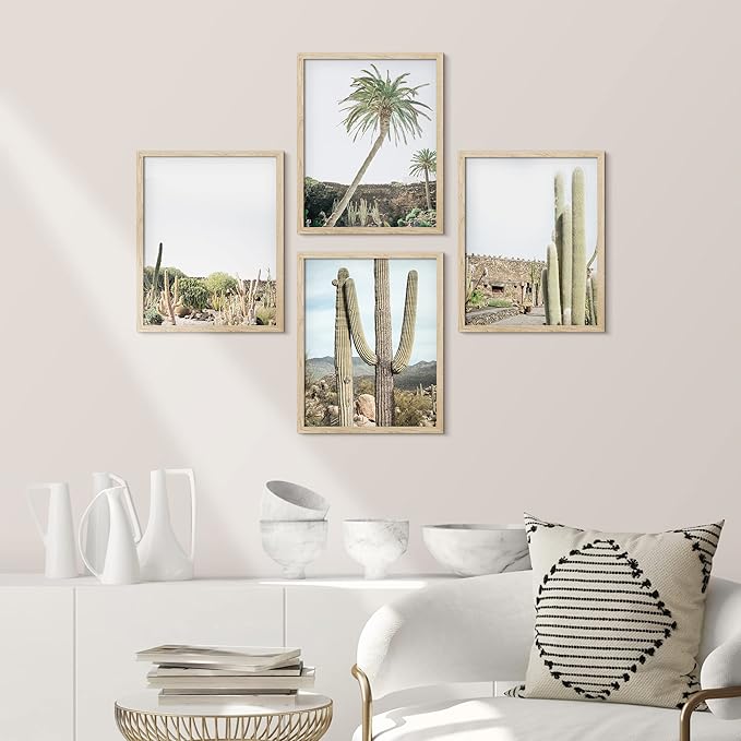 SIGNWIN Framed Tropical Palm Tree Saguaro Cactus Wall Art, Set of 4 Desert Landscape Wall Decor Prints, Nature Wilderness Wall Décor for Living Room, Bedroom - 8"x10"x 4 Natural