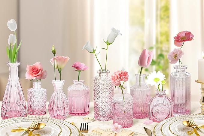 Pink Glass Bud Vases Set of 20 - Mini Vintage Vases for Wedding Decorations Home Table Flower Decor, Small Carved Design Glass for Centerpieces