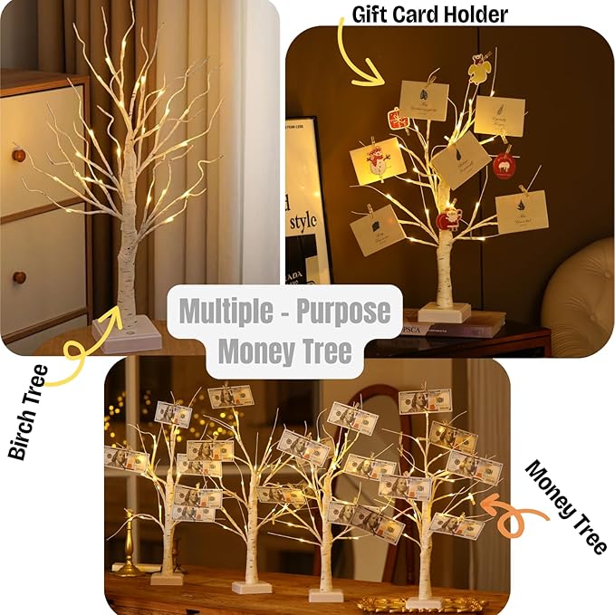 Money Tree Gift Holder, Pre-lit Birch Tree, Battery/USB Powered Light Up Display Twig Gift Card Treelight with 22 Clips and 6 Cards for Home Christmas Graduation Photo Memo