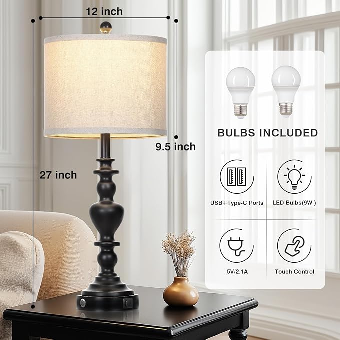 Farmhouse Table Lamps Set of 2, 27" Black Vintage Bedside Lamps with USB A+C Charging Ports, 3-Way Dimmable Touch Control Rustic Nightstand Lamp for Living Room Office(Bulbs Included)